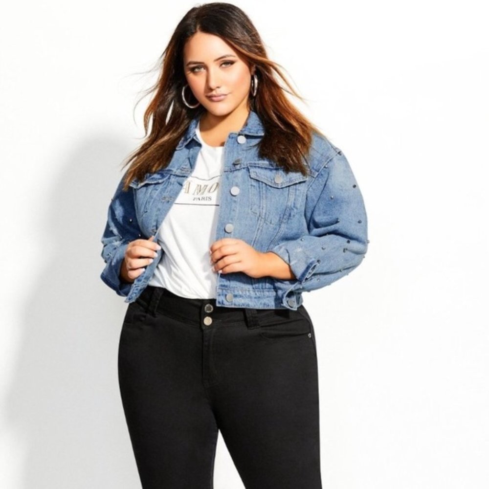 City Chic Distressed Studded Cropped Denim Jacket